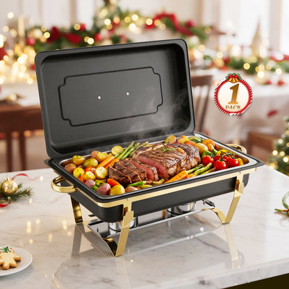 CATGOOD 9QT Black Gold Chafing Dish Buffet Set 1 Pack, Chafing Dishes for Buffet, Buffet Warmer with Scratch-Resistant Coating, Food Warmers for Parties