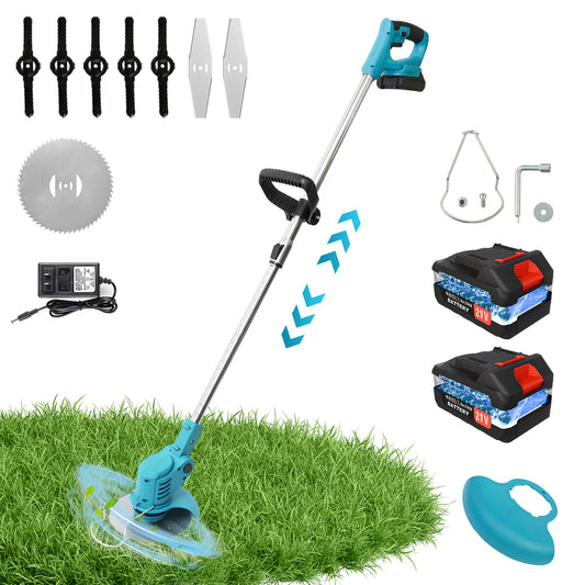 24V Electric Weed Trimmer, 650W Cordless Weed Wacker, Battery Powered Weed Eater for Lawn Yard Garden, 2PC 2000mAh Batteries and Charger, 3 Types of Blades, Blue