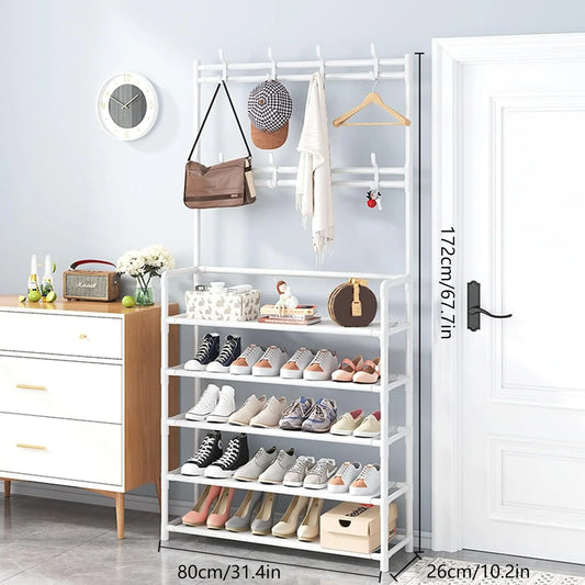 BAOKALER 5 Tier Coat and Shoe Rack Entryway Hall Tree with Storage, White, (10.3"D x 31.5"W x 65"H)