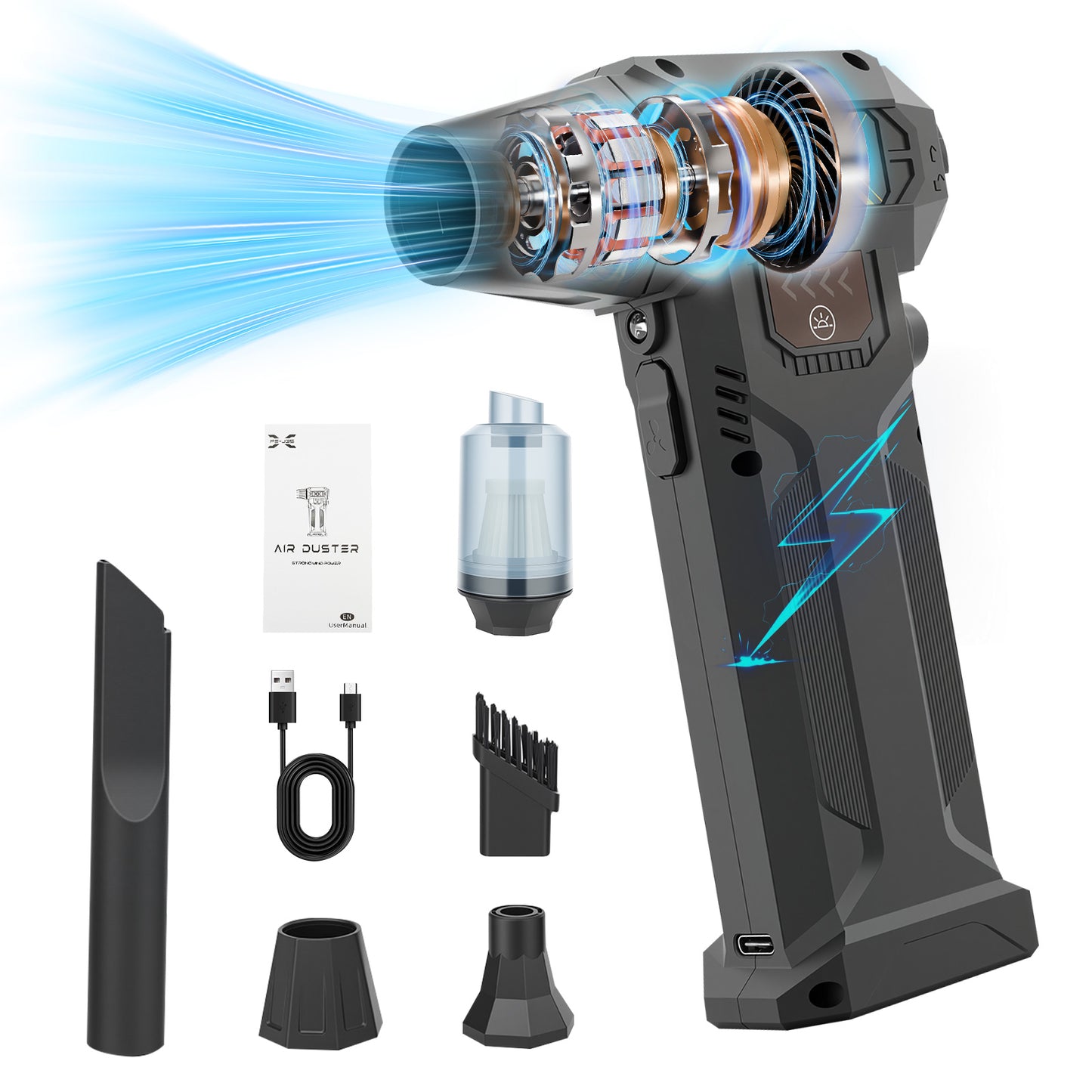 BAOKALER Brushless Compressed Air Duster, 280000RPM Air Duster Vacumm with LED Light and 8AH Battery, 2 in 1 Air Blower