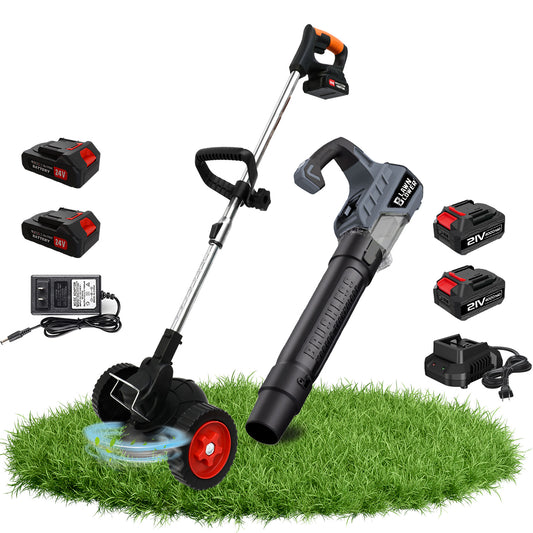 BAOKALER Lawn Care Combo Kit, Electric Weed Trimmer with 2*4000mAh Batteries, Grass Trimmer Lawn Edger for Garden Yard, 21V Brushless Cordless Blower, 650CFM Handheld Leaf Blower
