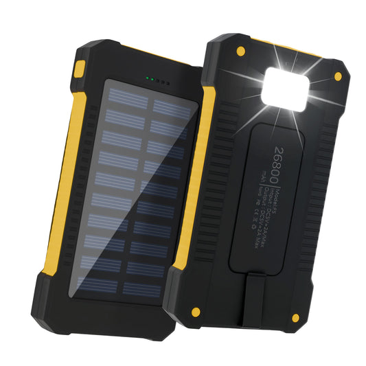 Solar Charger Power Bank 26800mAh, Portable Fast Charging Power Bank with Type-C & USB Ports, Compatible with iPhone, Samsung & More, Waterproof Solar Panel for Camping and Outdoor Use(Yellow)