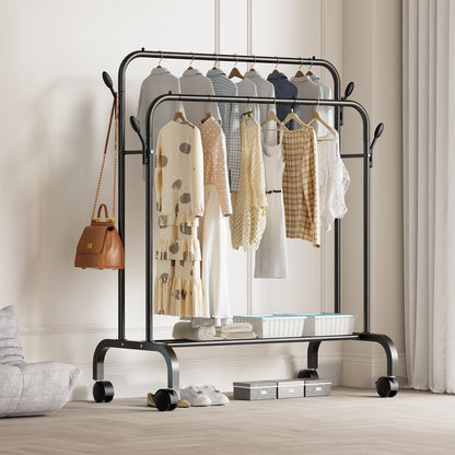 Clothes Rack with Wheels, Double Rods Clothing Rack for Hanging Clothes, Heavy Duty Garment Racks for Hanging Clothes, 4 Hooks, Multi-functional Bedroom Clothes Rack, Black
