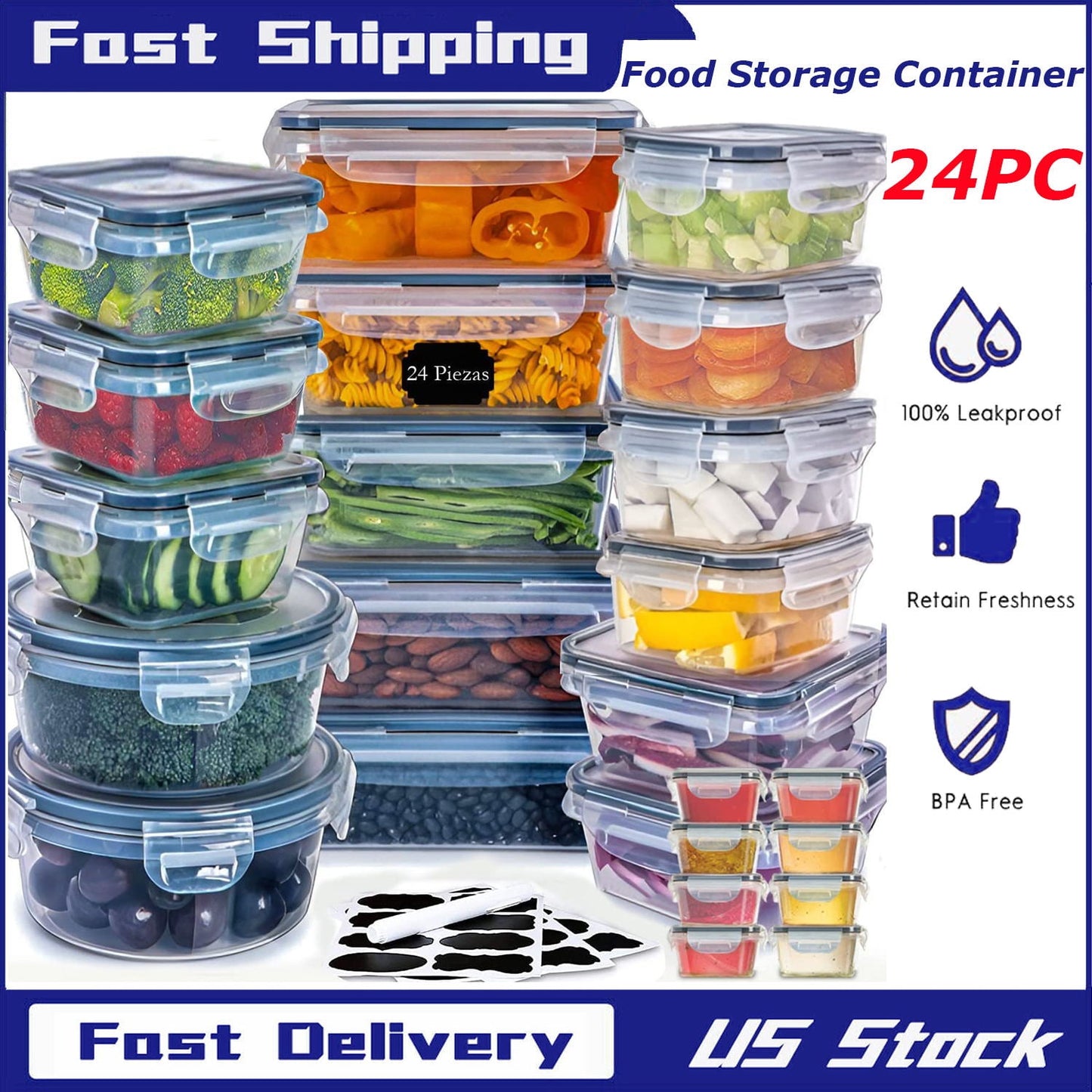 24 Pack Food Storage Containers with Lids, Bento Boxes, Silicone Pantry Containers, BPA Free Containers for Food Meal Prep Tupperware Kitchen Organization (24 Pack + Marker & Labels)