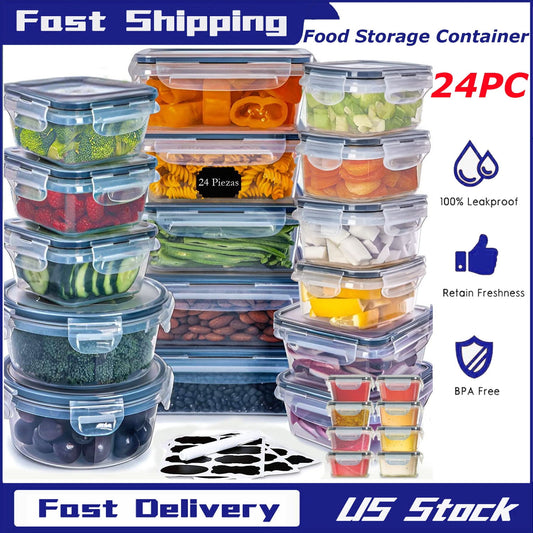 24 Pack Food Storage Containers with Lids, Bento Boxes, Silicone Pantry Containers, BPA Free Containers for Food Meal Prep Tupperware Kitchen Organization (24 Pack + Marker & Labels)