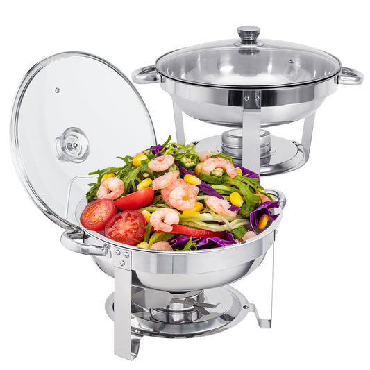 Chafing Dish Buffet Set, 5 Qt 2 Pack, Stainless Steel Chafer with 2 Full Size Pan, Round Catering Warmer Server with Glass Lid Water Pan Folding Stand Fuel Holder, for Wedding Party Banquet