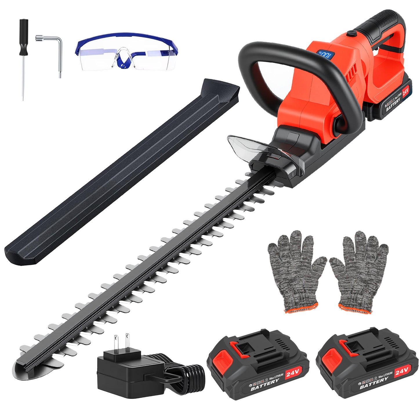 22" Cordless Hedge Trimmer with 180～ Rotatable Head, 21V Electric Bush Trimmer with 2 x 2000mAh Batteries, 1000W 24000r/min Motor, 69Mn Steel Blade for Garden Yard, Red