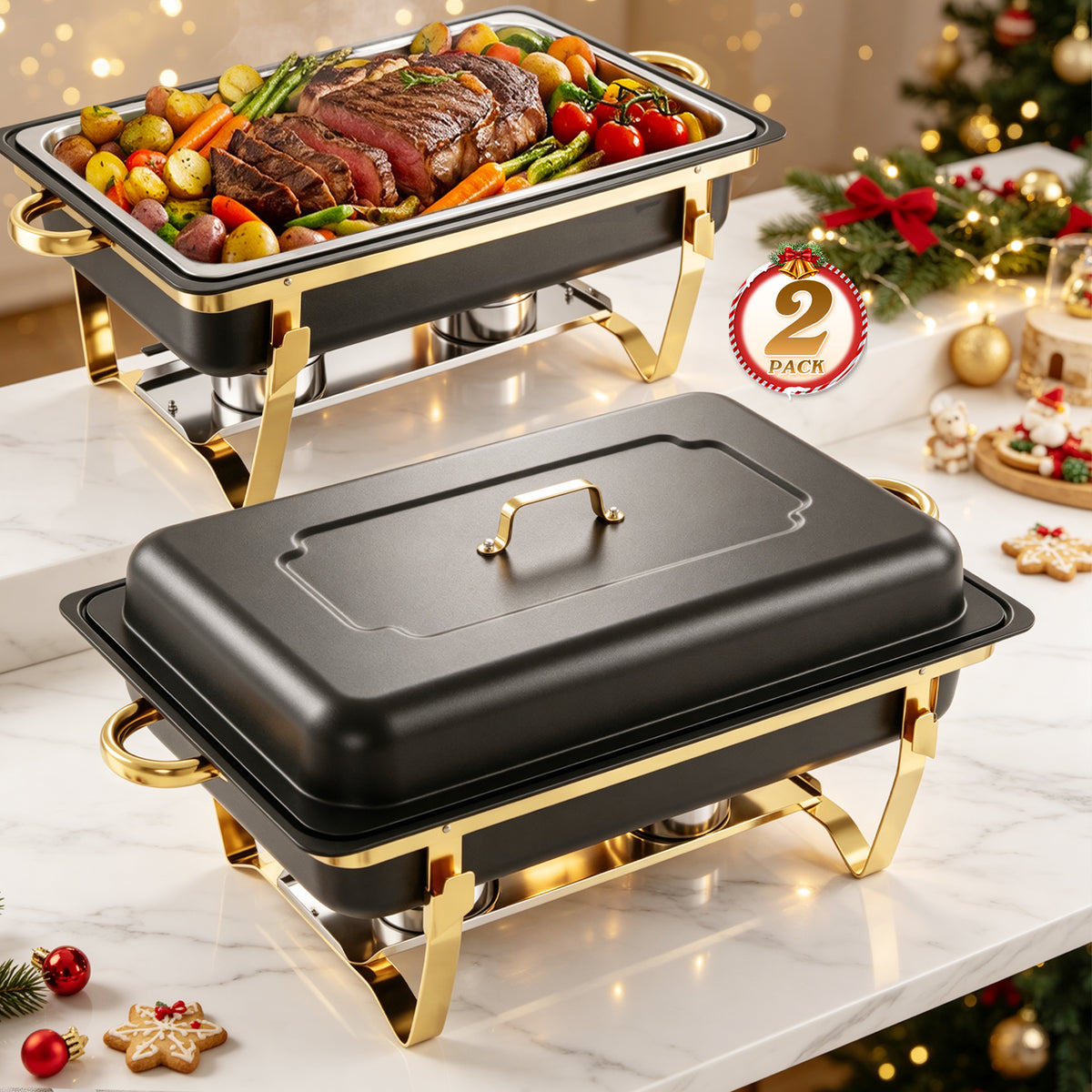 CATGOOD 9QT Black Gold Chafing Dish Buffet Set 2 Pack, Stainless Steel Chafing Dishes for Buffet, Buffet Warmer with Scratch-Resistant Coating, Food Warmers for Parties, Buffet Restaurants