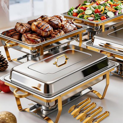 Chafing Dish Buffet Set 4 Pack, 9 QT Rectangular Semi-Gold-Plated Stainless Steel Chafing Dish Set, Buffet Warmer for Hotel Catering, Parties, Weddings, Gold