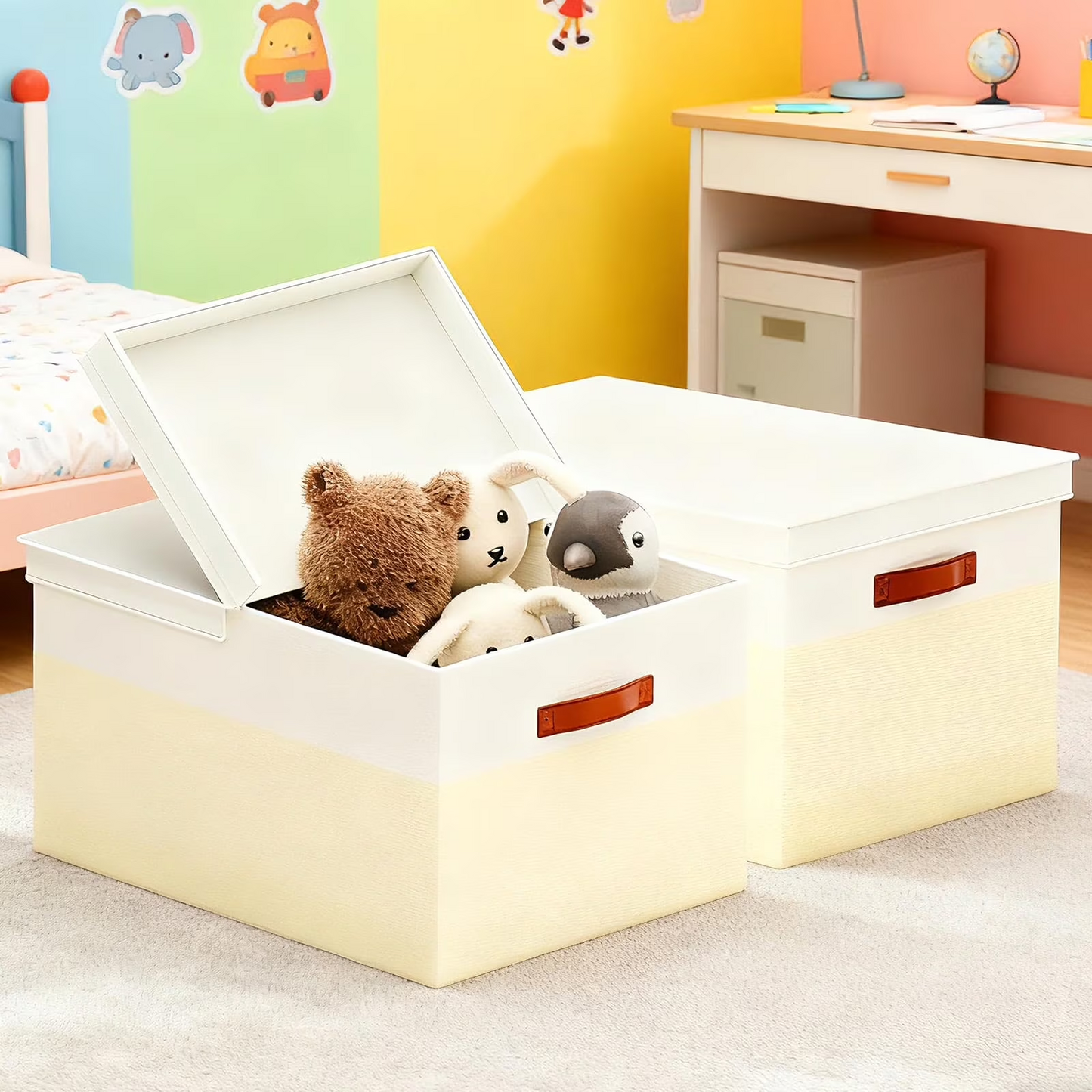 Storage Bins with Lids, 2 Pack Extra Large Blanket Storage Baskets with Lids, Closet Organizers Bins for Living Room, Nursery, Beige and White