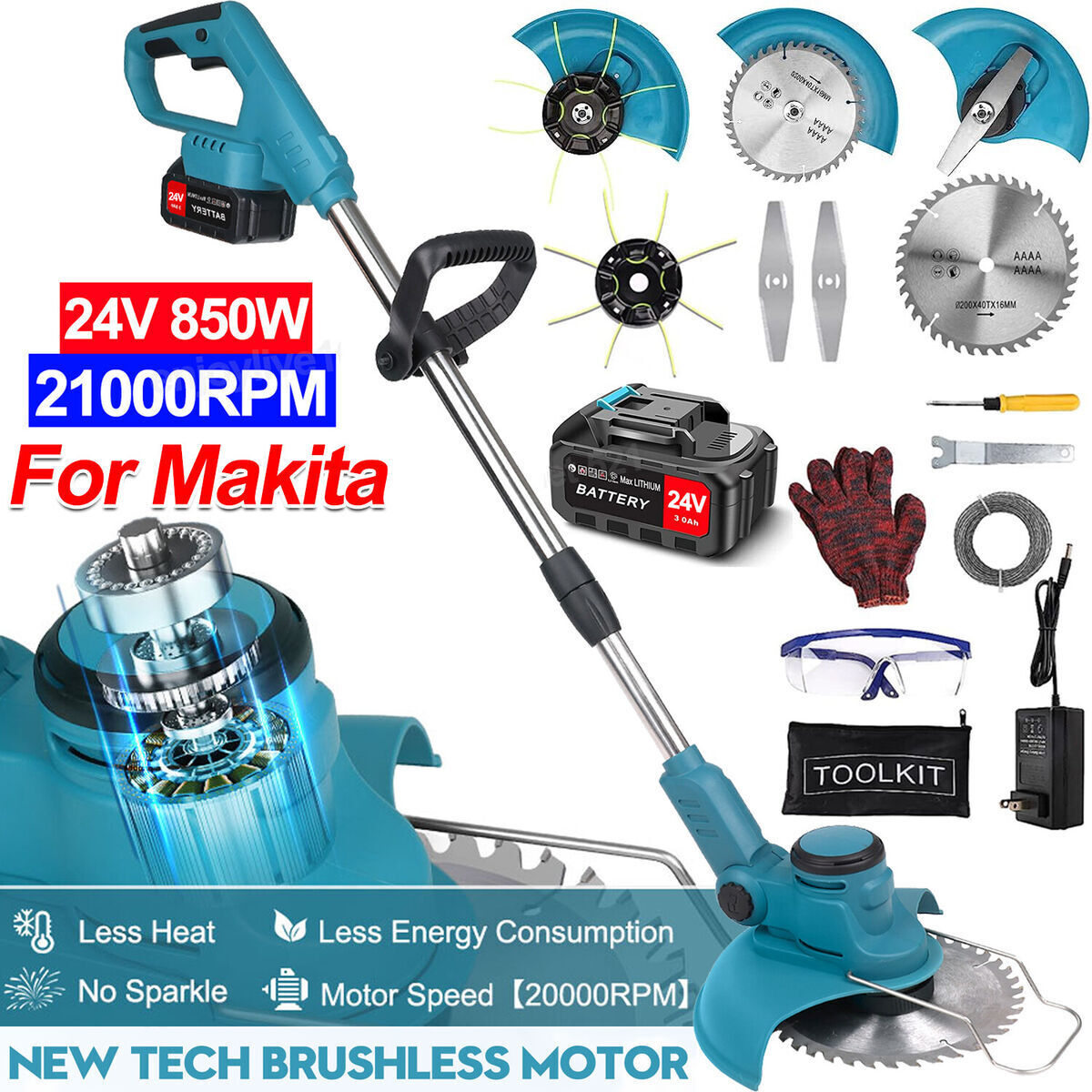 Electric Cordless Weed Eater,24V 850W Cordless Weed Wacker String Trimmer, Grass Trimmer with Rechargeable Battery, Blue