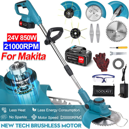 Electric Cordless Weed Eater,24V 850W Cordless Weed Wacker String Trimmer, Grass Trimmer with Rechargeable Battery, Blue