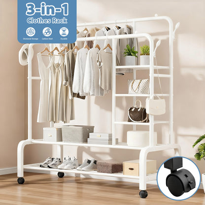 Clothes Rack with 4 Shelves, 3 In 1 Double Rods Metal Clothing Rack with Wheels & 4 Hooks, Portable Heavy Duty Garment Rack with Double Bottom Shelves, Freestanding Organizer for Bedroom, White