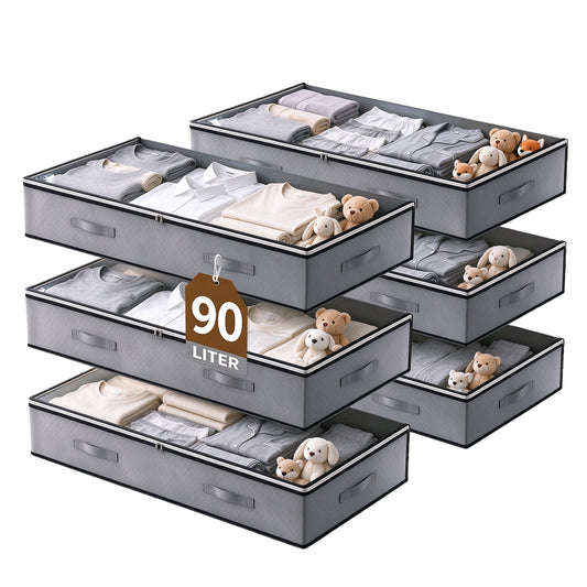 6 Pack Under Bed Storage Containers, 90L Foldable Underbed Storage Bins with Reinforced Handles for Clothing, Bedding, Dark Gray