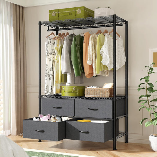 Clothes Rack, Heavy Duty Clothing Rack for Hanging Clothes, 4-Tier Adjustable Closet Organizer with 4 Drawers, Hanging Rod Side Hooks Load 445lbs