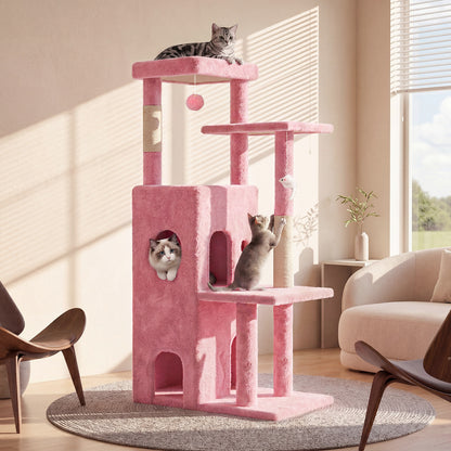 50-inch Pink Cat Tree Tower, Multi-Level Cat Stand with Sisal Scratching Posts & Balls for Playing