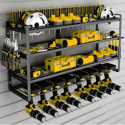 CATGOOD Power Tool Organizer, 8 Drill Holder Wall Mount, 4 Layer Heavy Duty Metal Tool Storage Rack, Battery Tools Holder Shelf,Utility Tool Shelves for Workshop or Garage, Black