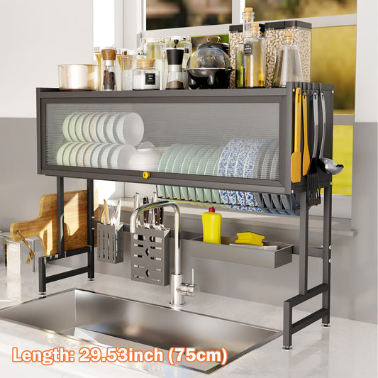 Stainless Steel Dish Drying Rack Over Sink, Black, Dustproof Dish Racks for Kitchen Counter Black, Length-29.53"