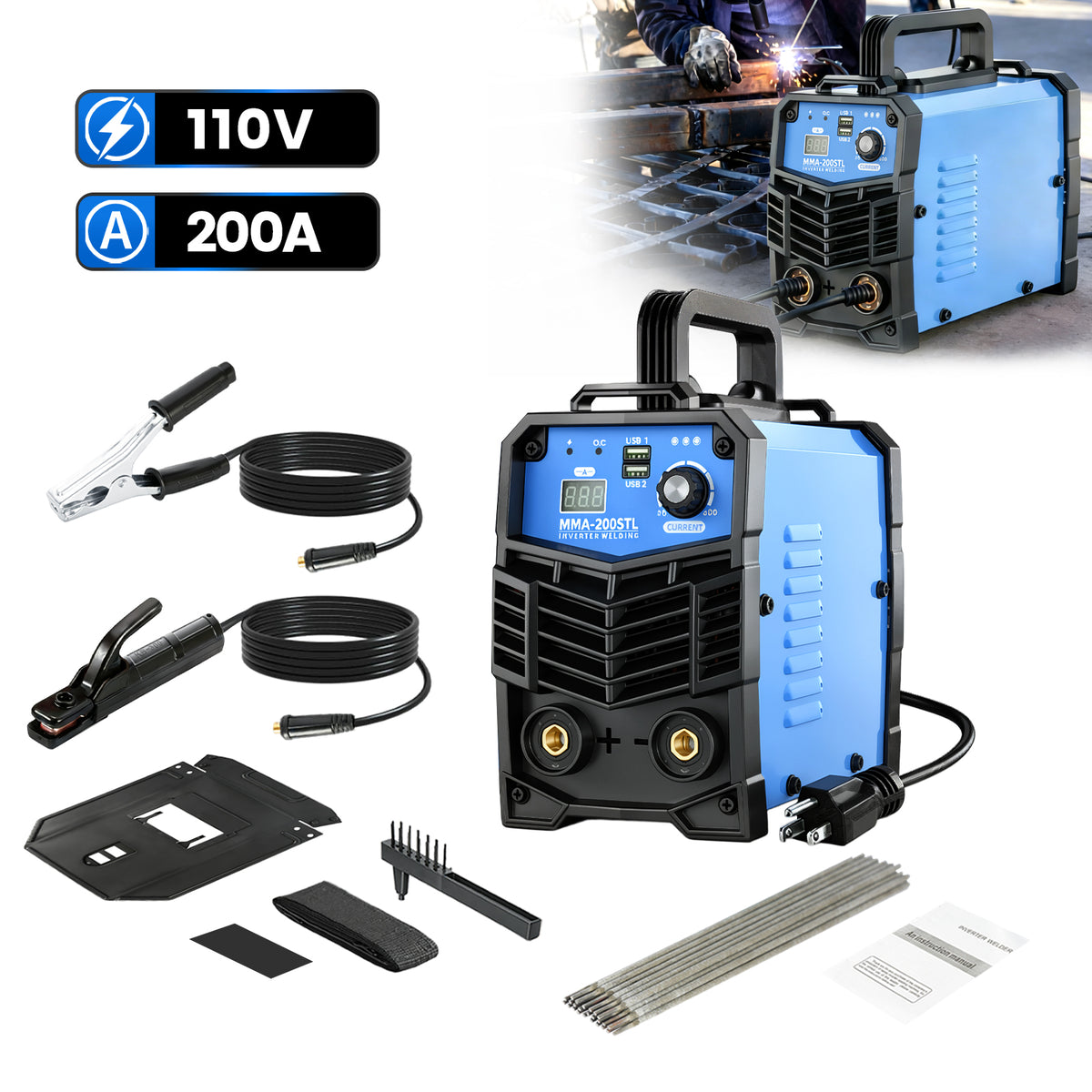 200A Display 110V IGBT Stick Welder Portable MMA Welding Machine with Dual USB and Shoulder Strap