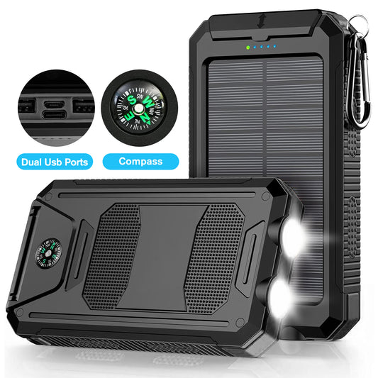 BAOKALER 30000mAh Solar Charger for Cell Phone iPhone, Portable Solar Power Bank with Dual 5V USB Ports, 2 Led Light Flashlight, Compass Battery Pack for Outdoor Camping Hiking(Black)