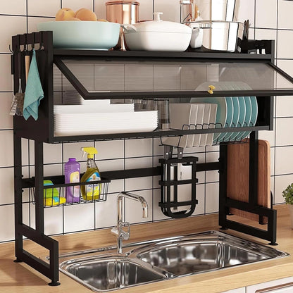 Dish Drying Rack, Large Stainless Steel Over The Sink 2 Tier Dish Rack with Cover for Kitchen (Black, Large 33.5" Length)