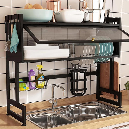 Dish Drying Rack, Large Stainless Steel Over The Sink 2 Tier Dish Rack with Cover for Kitchen (Black, Large 33.5" Length)