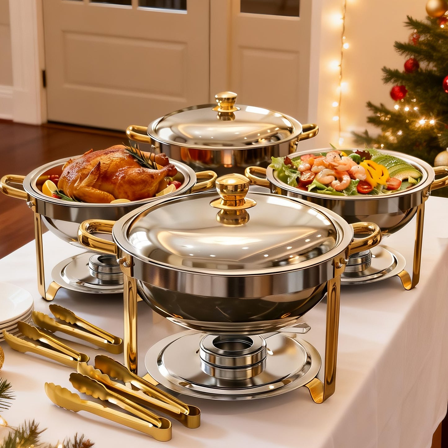 Chafing Dish Buffet Set with 4 Food Tongs, 5.3 QT Stainless Steel Chafing Dishes Round Buffet Food Warmer Chafers Set for Parties Catering Event, Lid Holder 4PCS