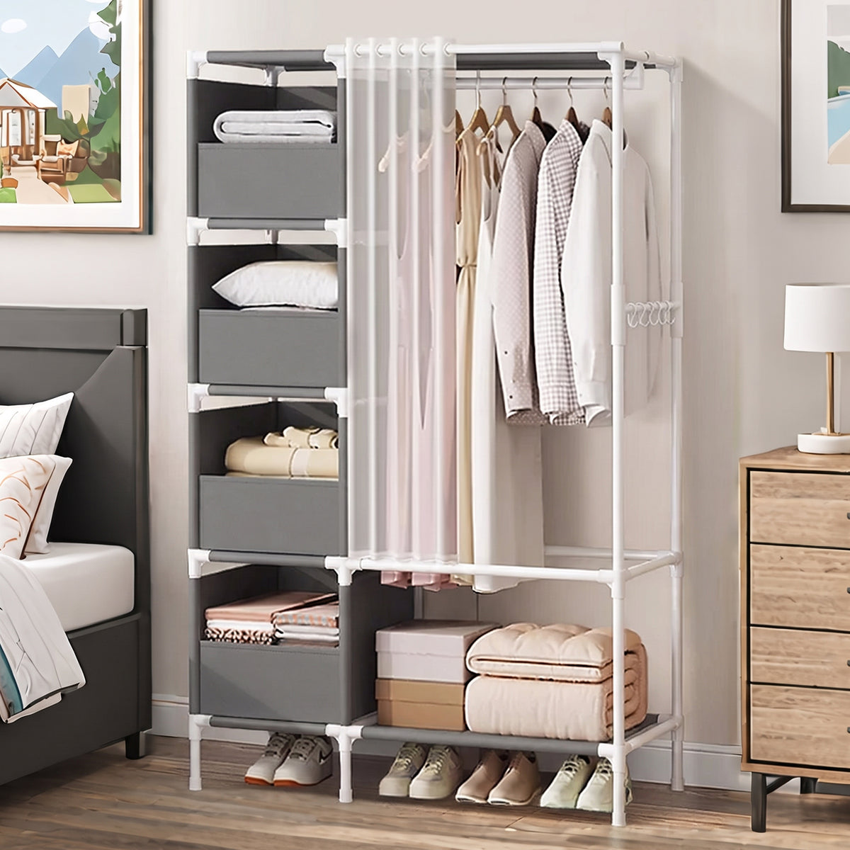 Clothes Rack, Portable Closet, Freestanding Closet Organizer with Curtain, 4 Tier Garment Rack for Bed Room, Gray
