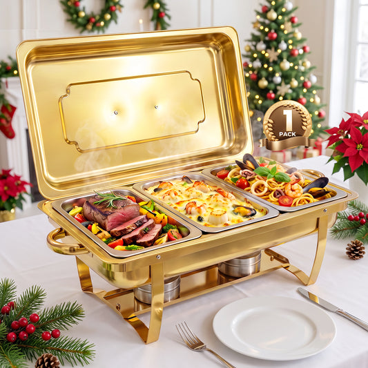 Gold Chafing Dish Buffet Set 1 Pack, 9QT Rectangular Chafing Dishes for Buffet, 3-Compartment Party Food Warmer with Lid & Foldable Frame for Catering Events, Banquets