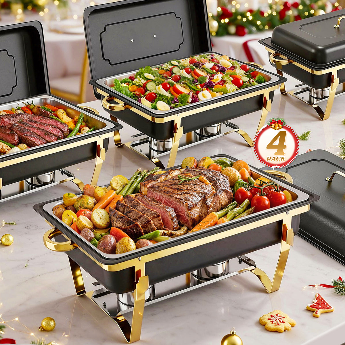 CATGOOD 9QT Black Gold Chafing Dishes for Buffet 4 Pack, Chafing Dish Buffet Set, Stainless Steel Buffet Warmer with Corrosion-Resistant Build, Food Warmers for Parties, Buffet Servers