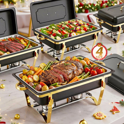 CATGOOD 9QT Black Gold Chafing Dishes for Buffet 4 Pack, Chafing Dish Buffet Set, Stainless Steel Buffet Warmer with Corrosion-Resistant Build, Food Warmers for Parties, Buffet Servers