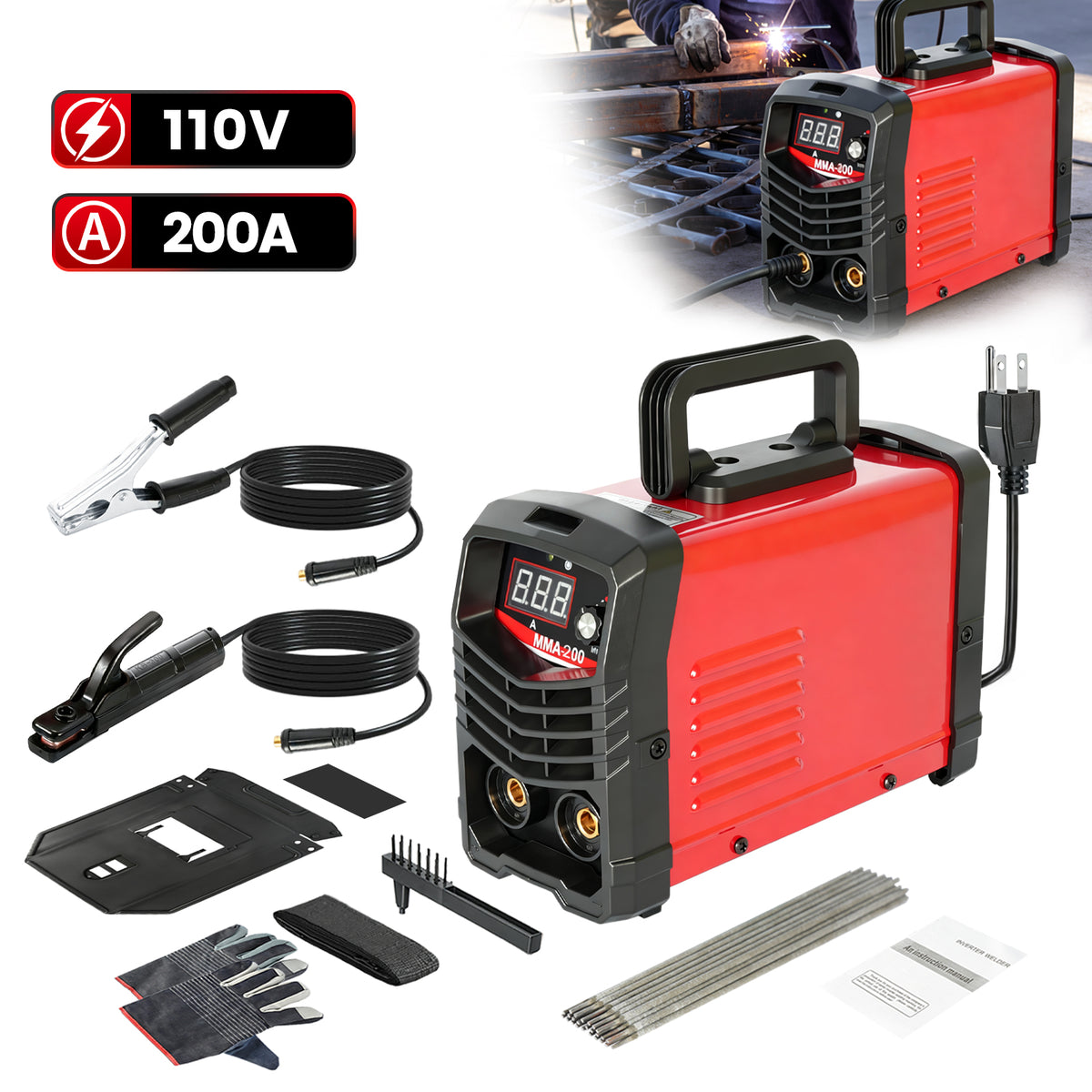 BAOKALER Stick Welder Kit 200A Digital Display 110V Mini ARC MMA IGBT Inverter Welder, Hot Start Anti-Stick Arc Force, Portable with Dual USB, 20 Rods