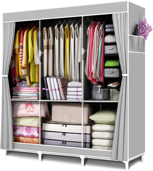 Portable Closet Organizer and Storage with 3 Hanging Rods for Hanging Clothes, 6 Wardrobe Closet Storage Shelves for Bedroom, Easy to Assemble, Grey