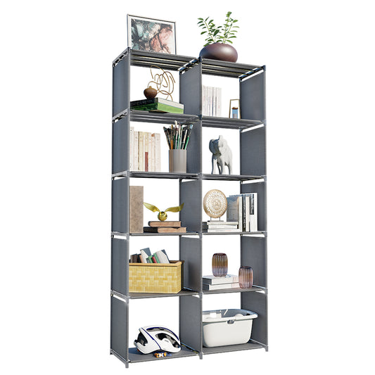 6-Tiers Portable Bookshelf with Fabric Cloth at Back, 10 Cube Closet Storage Organizer Bookcase, Living Room,Study Room,Bedroom, Grey