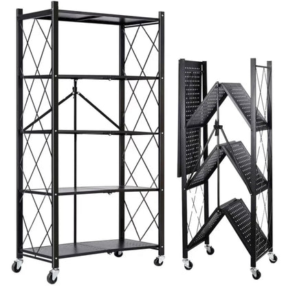 Storage Shelves, 5-Tier Foldable Metal Shelf with Lockable Wheels, Kitchen Rolling Cart, Metal Garage Shelf No Assembly, Large Capacity Utility Cart for Garage, Kitchen Basement Pantry, Black