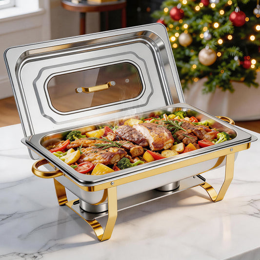 Chafing Dishes for Buffet, 9QT Roll Edge Designed Chafing Dish Buffet Set, Food Warmer W/Half Glass Lid for Parties, Birthday, Holiday Parties, Church Events (Semi-Gold)