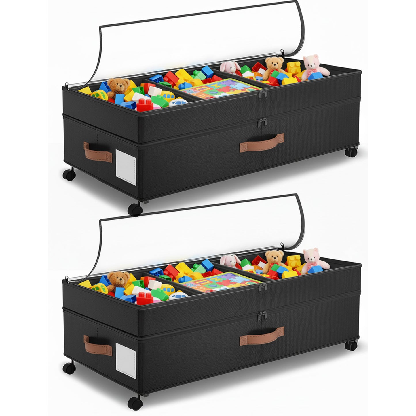 Under Bed Storage with Wheels, 2 Packs Large Underbed Organizer with Lid, 10'' Adjustable Height Shoes Containers Clothes Rolling Bin for Bedroom Dorm, Black