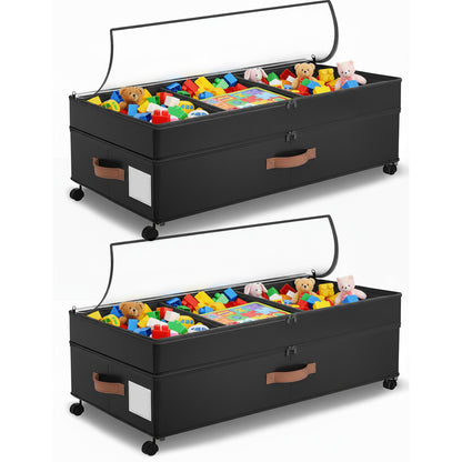 Under Bed Storage with Wheels, 2 Packs Large Underbed Organizer with Lid, 10'' Adjustable Height Shoes Containers Clothes Rolling Bin for Bedroom Dorm, Black