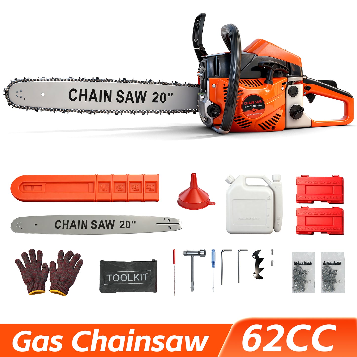 BAOKALER Cordless Gas Chainsaw 20-Inch 62CC, 2-Stroke Engine for Wood Cutting, EPA Certified with 2 Chains, Orange