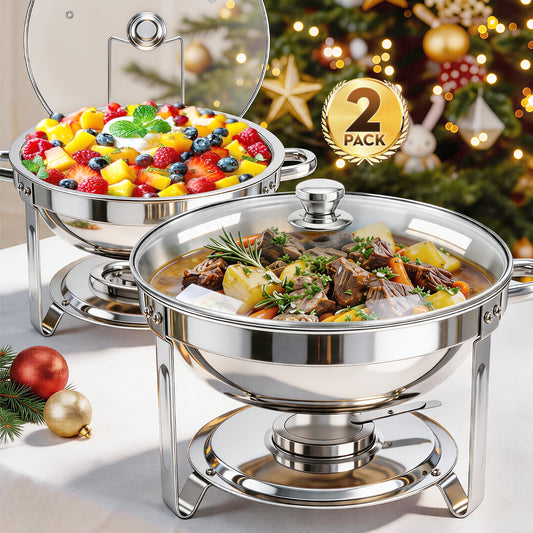 CATGOOD Chafing Dish Buffet Set, 5 Qt 2 Pack, Stainless Steel Chafer with 2 Full Size Pan, Round Catering Warmer Server with Glass Lid Water Pan Folding Stand Fuel Holder, for Wedding Party Banquet