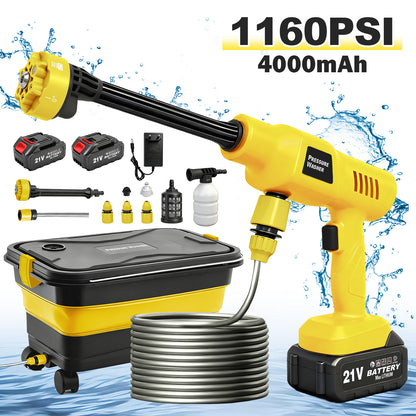 BAOKALER 1160PSI Pressure Washer with Foldable Water Container, 4.0Ah Dual Batteries, 6-in-1 Adjustable Nozzle, Portable Power Cleaner for Car Wash, Fences, Patio & Outdoor Cleaning – Yellow
