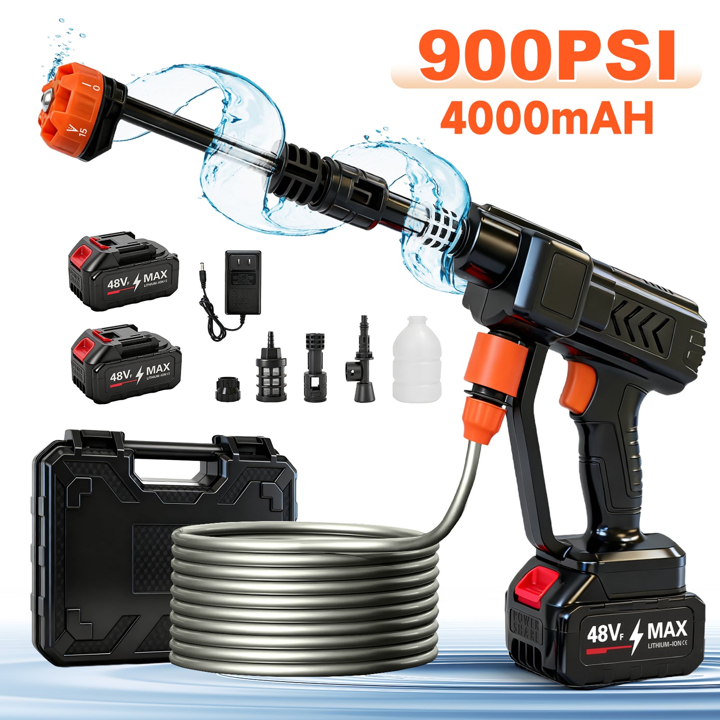 Cordless Pressure Washer, 900PSI Portable Power Washer with 2PCS 4.0Ah Batteries, High Power Handheld Washer with 6-in-1 Adjustable Nozzle for Car, Garden, Home