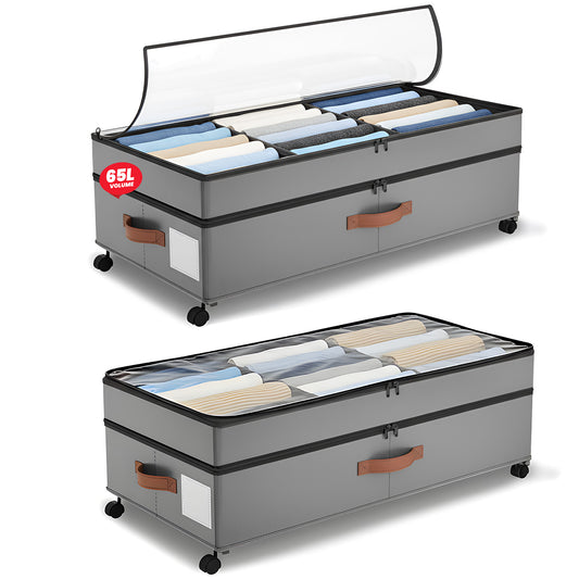 Under Bed Storage with Wheels 2-Pack, 65L XXL Under the Bed Storage Containers Large, 12" Tall Adjustable Storage for Underbed with Lids, Rolling for Shoes, Clothes, Blankets (Gray)