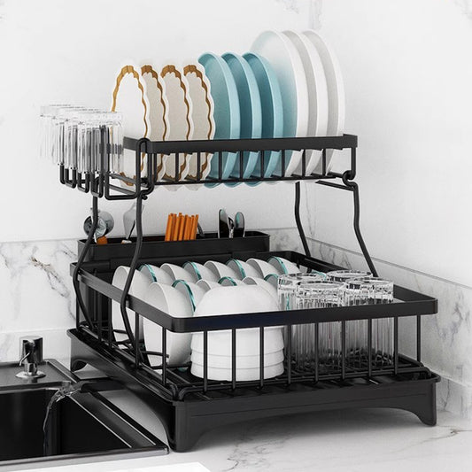 Dish Drying Rack for Kitchen Counter, Detachable Large Capacity Dish Drainer Organizer with Utensil Holder, 2-Tier Dish Drying Rack with Drain Board, Black