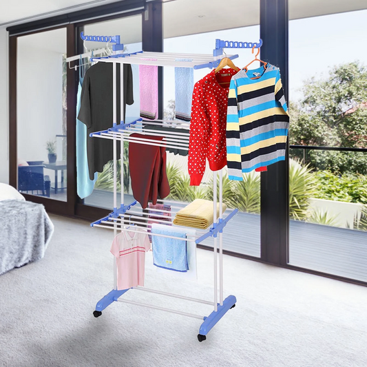 Homemart Clothes Drying Rack, 4-Tier Foldable Laundry Drying Rack, Stainless Steel Garment Clothes Dryer Indoor or Outdoor Standing Clothing Rack with Wheels, Blue