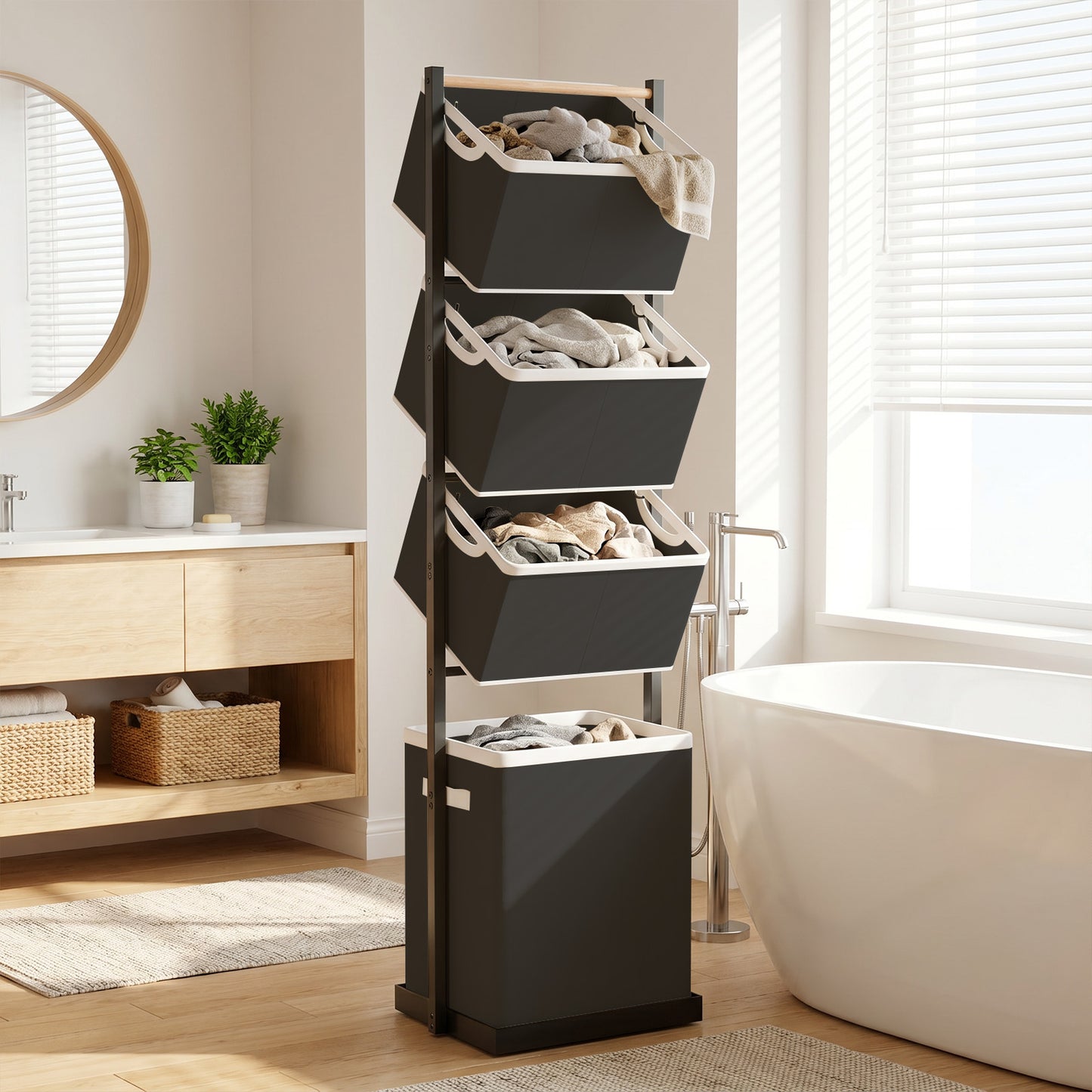 Laundry Hamper, Laundry Basket, 4 Tier Laundry Sorter, Metal Stackable Laundry Basket Organizer with Removable Basket and Removable Bags, 59"x12.6"x15.7" Clothes Organizer Basket, Black