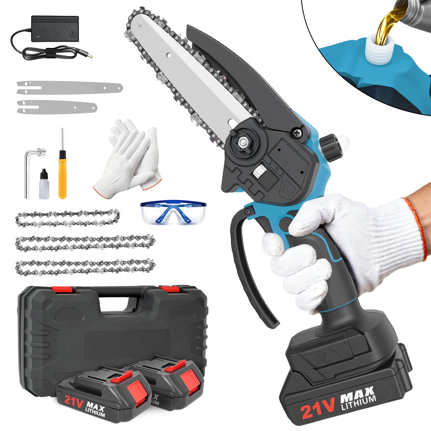 Mini Chainsaw Cordless, 6 inch & 4 inch Portable Electric Chainsaw with 2 Rechargeable Batteries and 3 Chains, for Tree Trimming Wood Cutting, Best Gifts for Father, Dad, Husband, Men, Blue