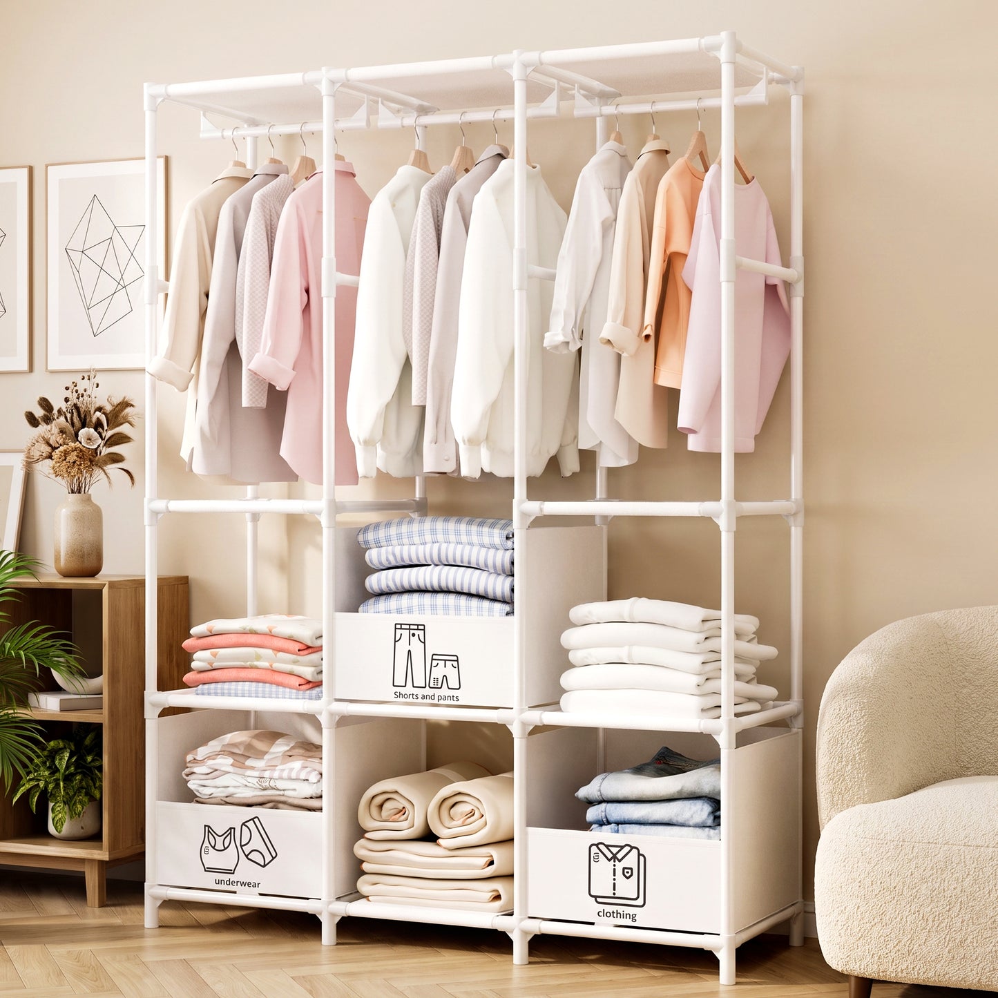 Portable Closet, Non-Woven Fabric Portable Closet Organizers and Storage, Clothes Storage with 3 Storage Drawers, Wardrobe Closet for Bedroom and Living Room, White