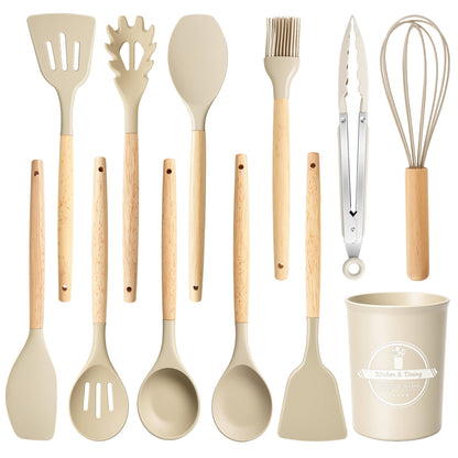 Silicone Cooking Utensils Set, Heat Resistant Kitchen Cooking Utensils Set, 12 PCS Handle Silicone Kitchen Gadgets Utensil Set, Khaki