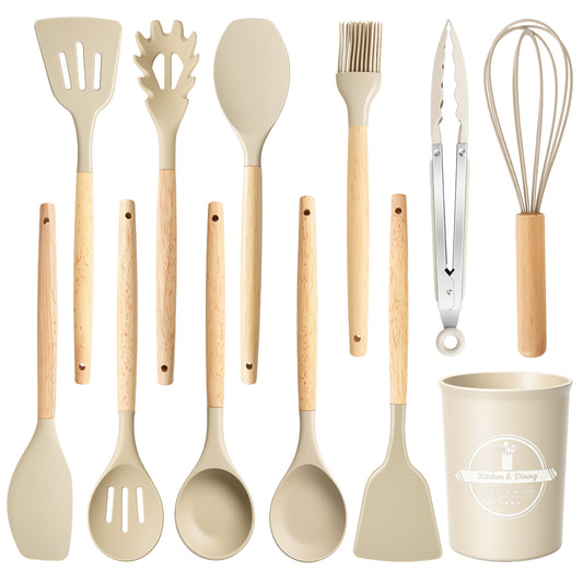 Silicone Cooking Utensils Set, Heat Resistant Kitchen Cooking Utensils Set, 12 PCS Handle Silicone Kitchen Gadgets Utensil Set, Khaki